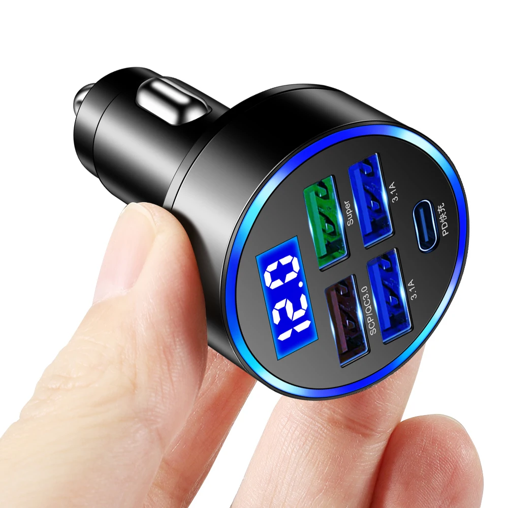 차량용 휴대폰 충전 어댑터, 5 포트 고속 충전, PD USB C, 15W, 전압 감지, 휴대폰 태블릿용
