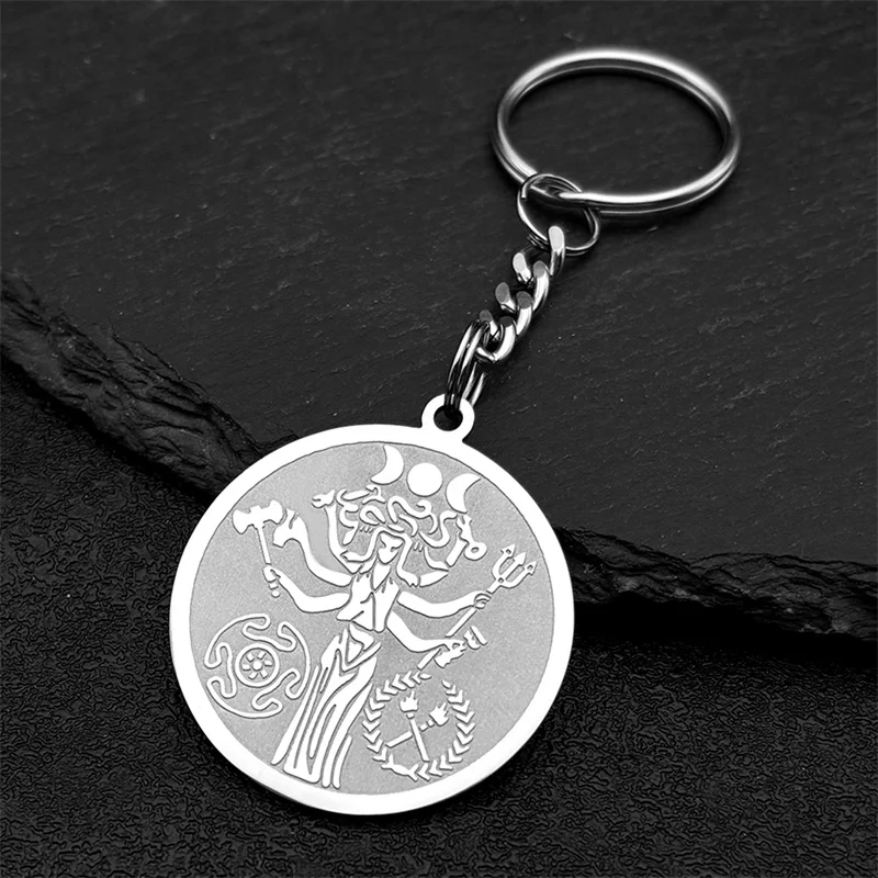 Wicca Triple Moon Göttin Hekate Rad Fackel Schlüssel anhänger für Frauen Männer Edelstahl Gold Farbe Schlange Dreizack Schlüssel ring Schmuck – Detail 6
