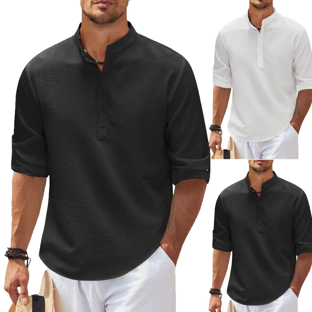 2 Pack Men's Shirt Long Sleeve Stand Collar Open Button Pineapple Plaid Shirt Casual Shirt Tops