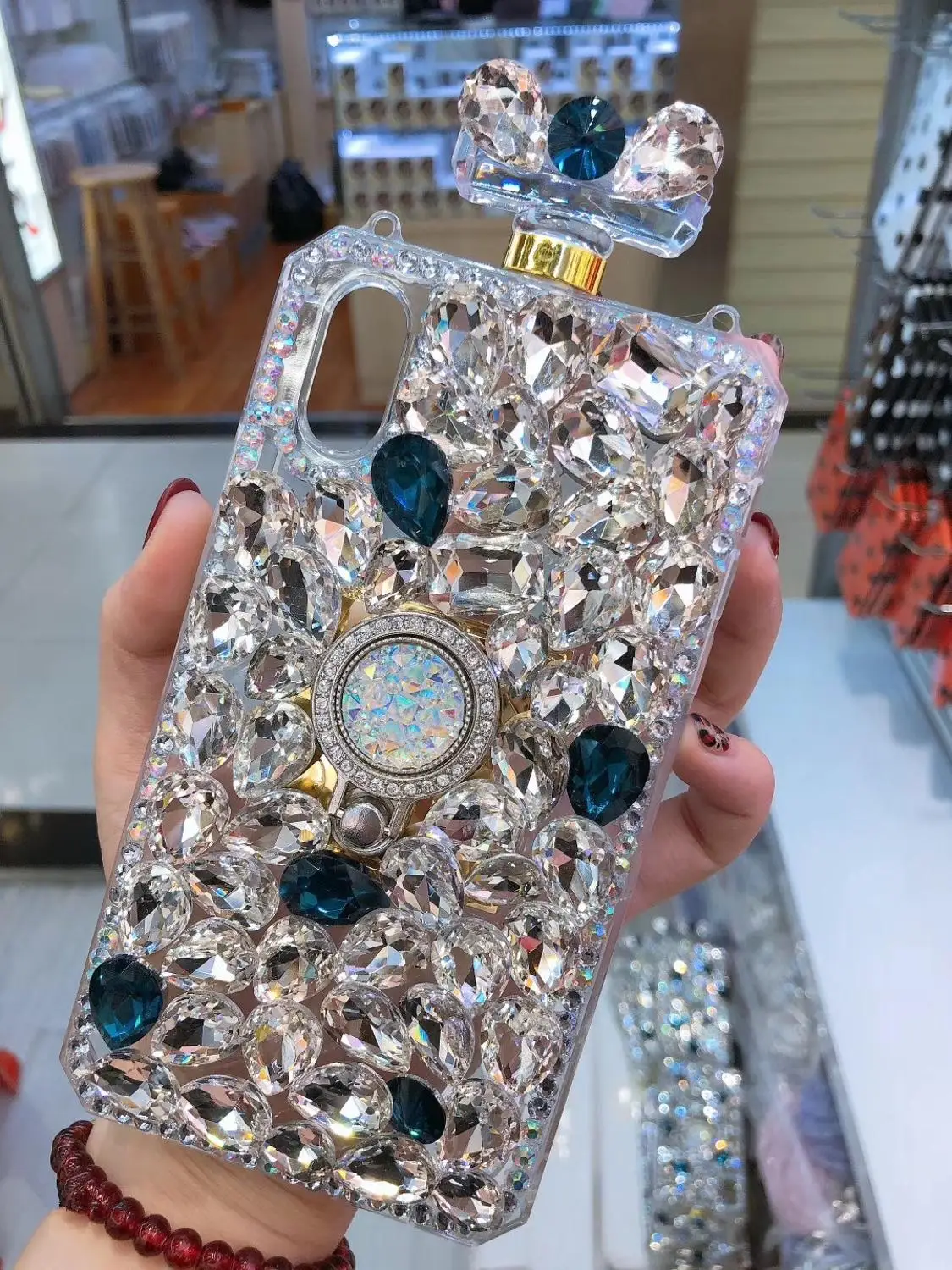 

Diamond Crystal Gem Perfume Bottle Ring Holders Stands Handbag Case Cover for IPhone 13 11 12 Pro Max X XS MAX XR 8 Plus 14 Plus