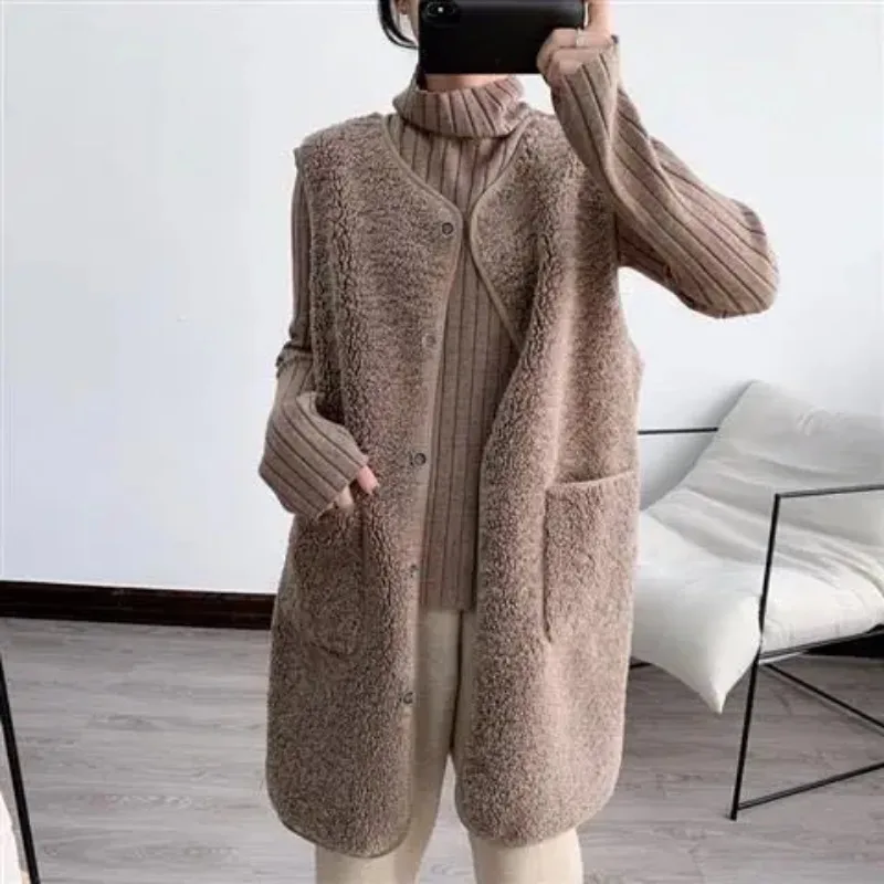 Women Winter Vest Waistcoats Single-breasted Pocket Leisure All-match Female Fashion Elegant Sleeveless Chic Lambswool Waistcoat