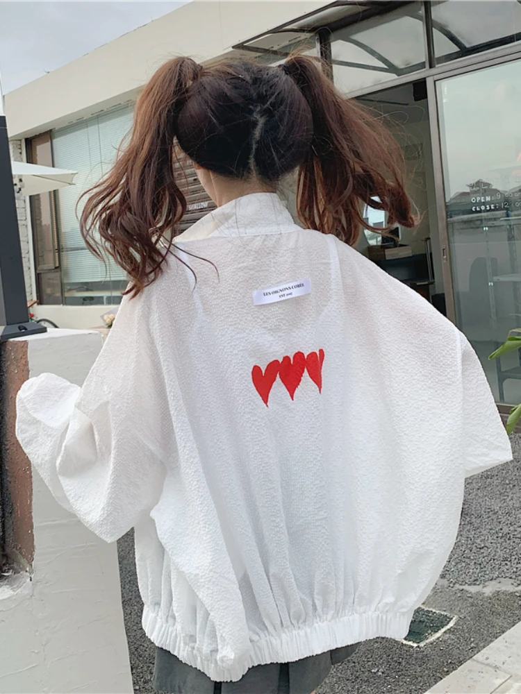 Korean Loose Love Print Woman Jacket White Thin Sunscreen Zipper Transparent Jackets Women 2022 Summer New