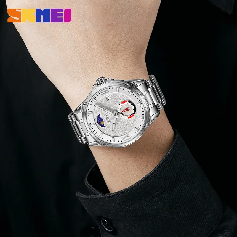 SKMEI Fashion Stainless Steel Quartz Man Watch Date Lunar Phase Casual Waterproof Men's Wristwatch Male Clock Relogio Masculino