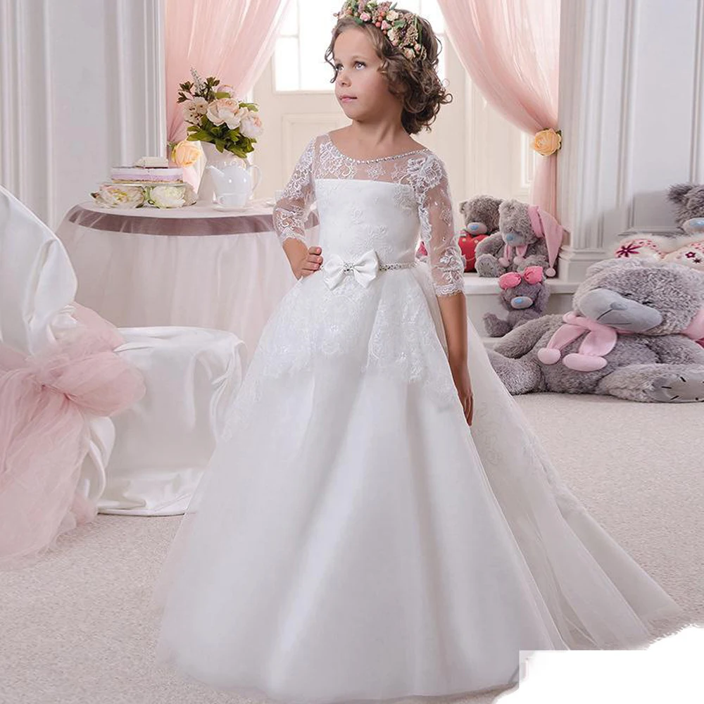 

Elegant White Lace Flower Girl Dresses 3/4 Sleeves Tulle Beaded Princess Child Holy First Communion Wedding Party Gowns