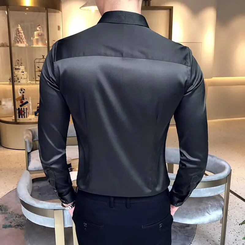 Men's Shirt Neckline Embroidery Long Sleeve Casual Slim Men's Dress Shirt Solid Color Formal Business Social Clothing Top long sleeve shirt