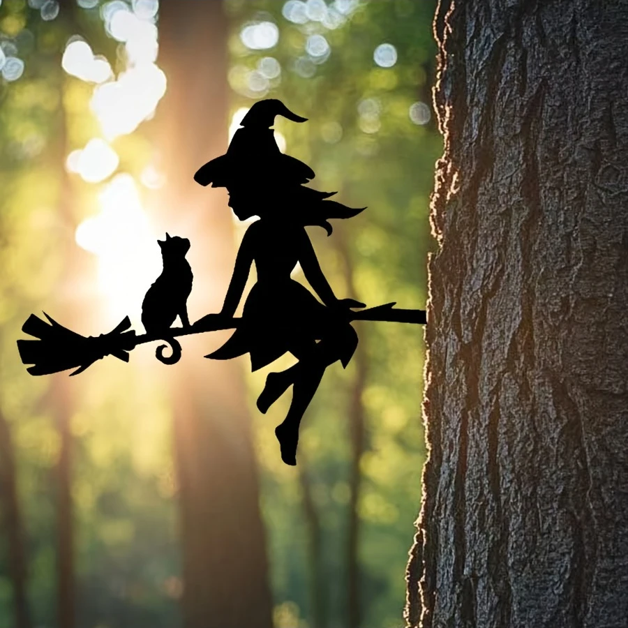 Bezaubernde Hexen- und Katzengartendekoration – langlebige Eisenkunst mit fliegendem Besenstiel, für Halloween und Outdoor, Gartendekoration im Freien