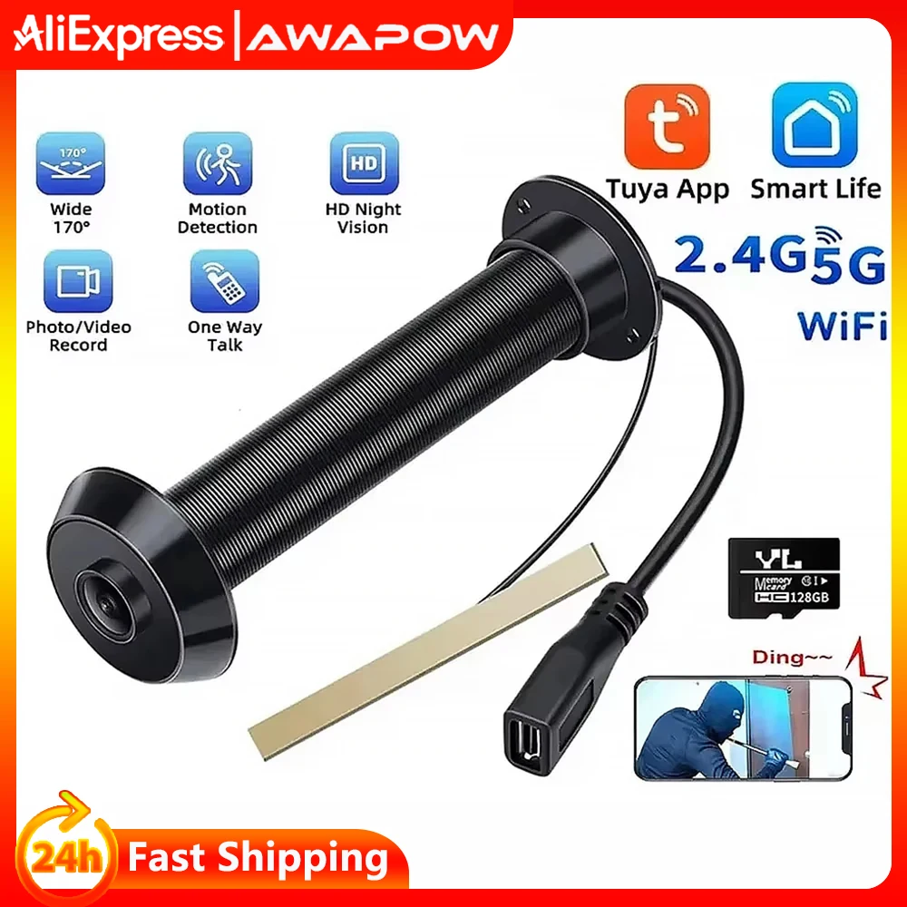 Awapow Tuya Spioncino per porta Smart Wifi Videocitofono Campanello 2.4G/5G Mini telecamera 170 ° Visione notturna ad angolo Rilevazione movimento 1080P