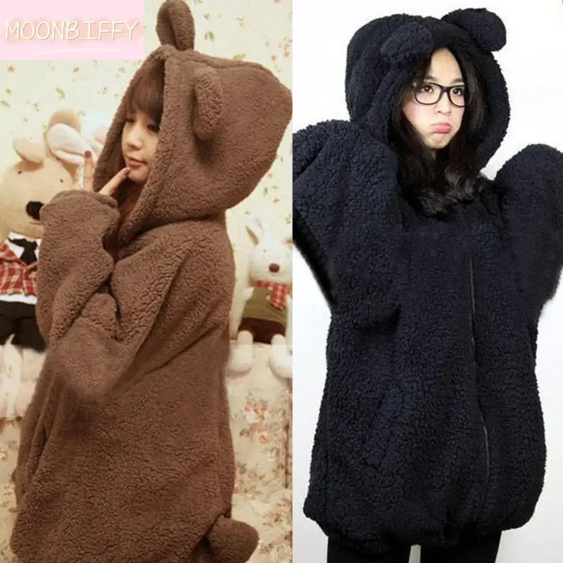 

Plush Sweater with Ears Tail Korean Warm Women's Zipper Hoodie Solid Color New Fluffy Fleece Cute Women Thick Hooded Zip Up