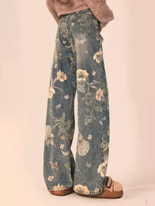 Vintage Floral Straight Jeans Floral Print High Waist High Street Blue Pants Korean Fashion Women'S Wide Leg Baggy Trouser
