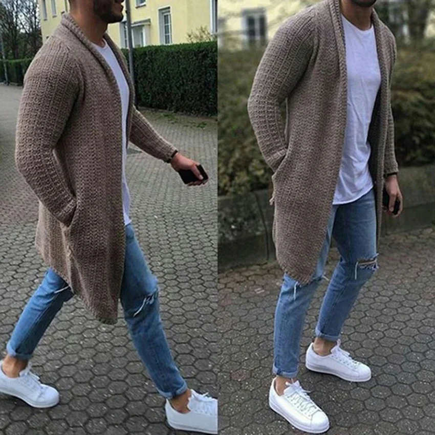 

Men's Streetwear Cardigan Long Sleeve Midi Sweater Coat with Pocket Winter and Autumn Casual Solid Color Cardigans New Clothing