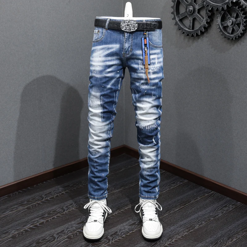 High Street Fashion Men Jeans Retro Blue Elastic Slim Fit Ripped Jeans Men Vintage Designer Stretch Casual Denim Pants Hombre