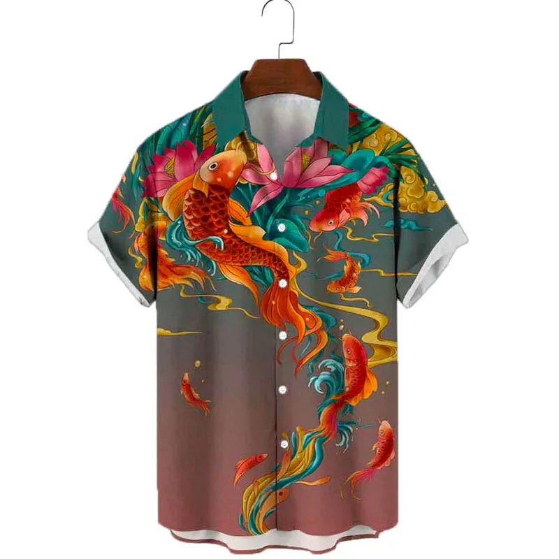 

Men's Fashion Vintage Clothing Koi Fish Print Casual Breathable Short Sleeve Hawaiian Shirt