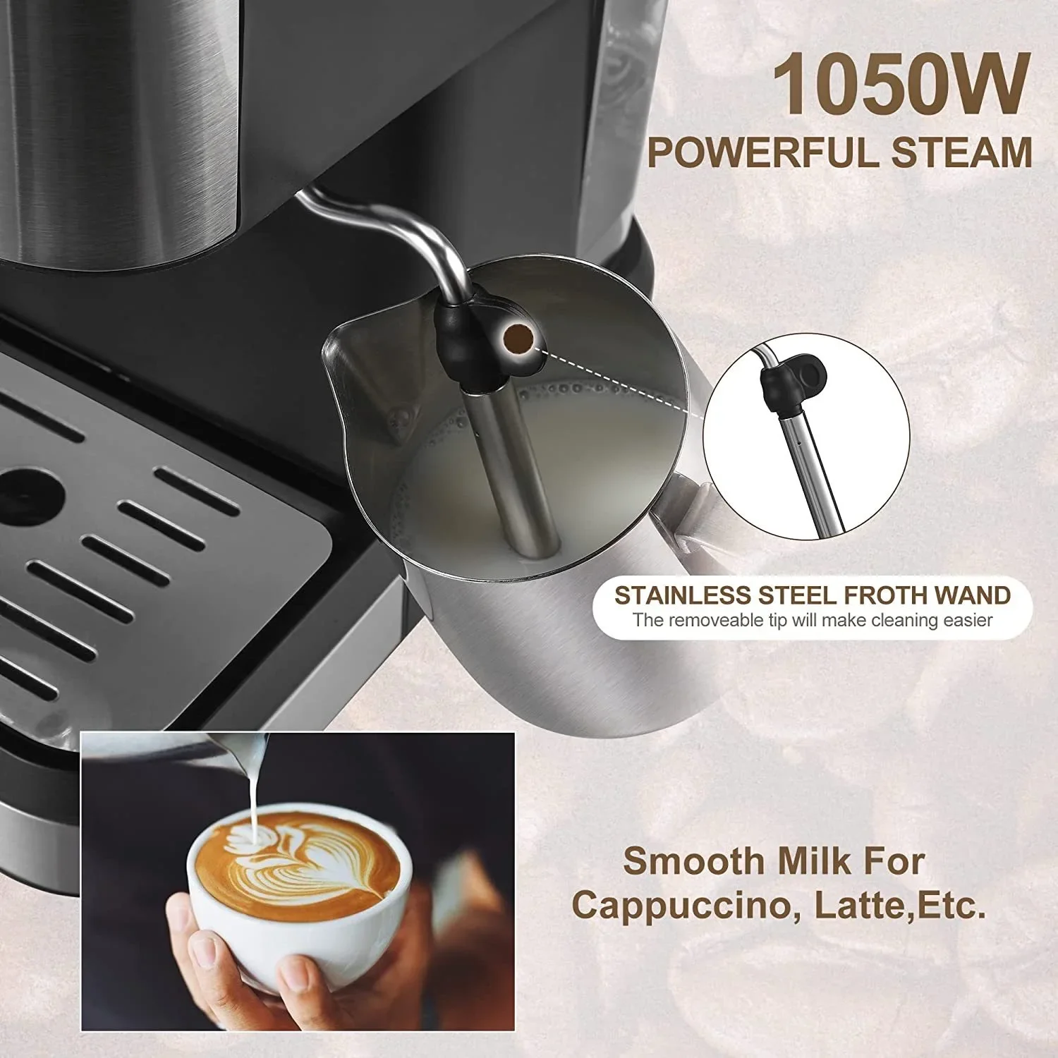 Coffee Maker Machine 1.5L Espresso Machine 20 Bar Cappuccino Latte Coffee Maker Milk Frother 5
