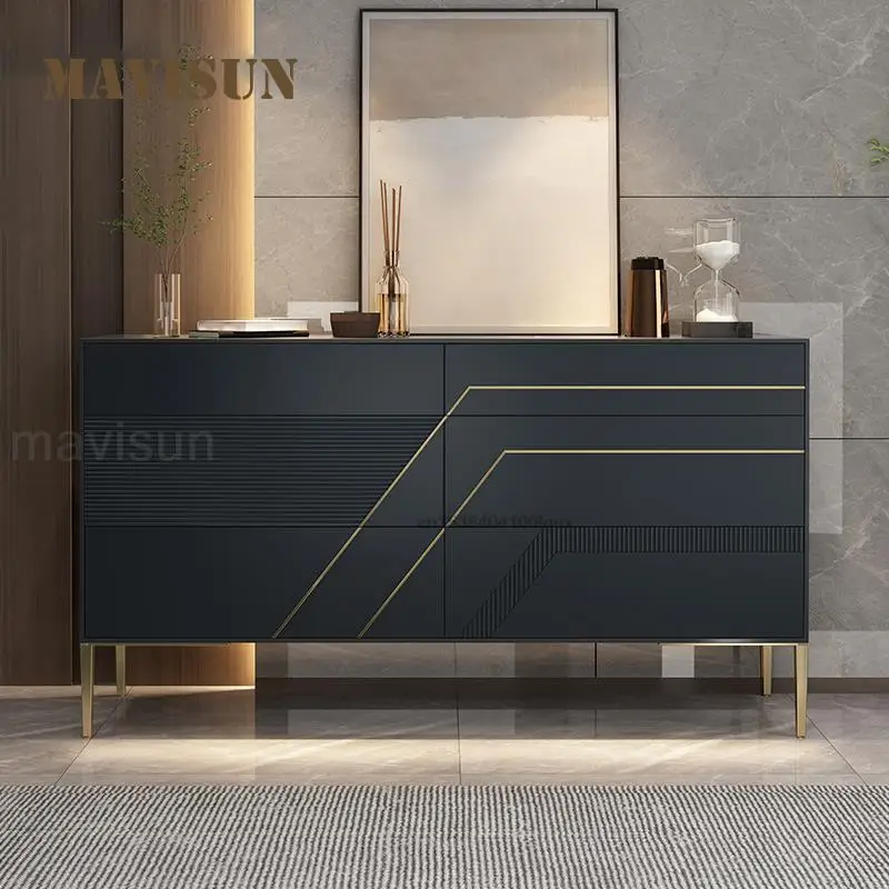 Black Kitchen Cabinet Decoration Simple Solid Wood Living Room Furniture Luxury Villa Large Capacity Buffet Stainless Steel Leg