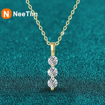 NeeTim 4mm Moissanite Necklace for Women Lab Diamond S925 Sterling Silver With Yellow Gold Plated Wedding Pendant GRA Necklaces