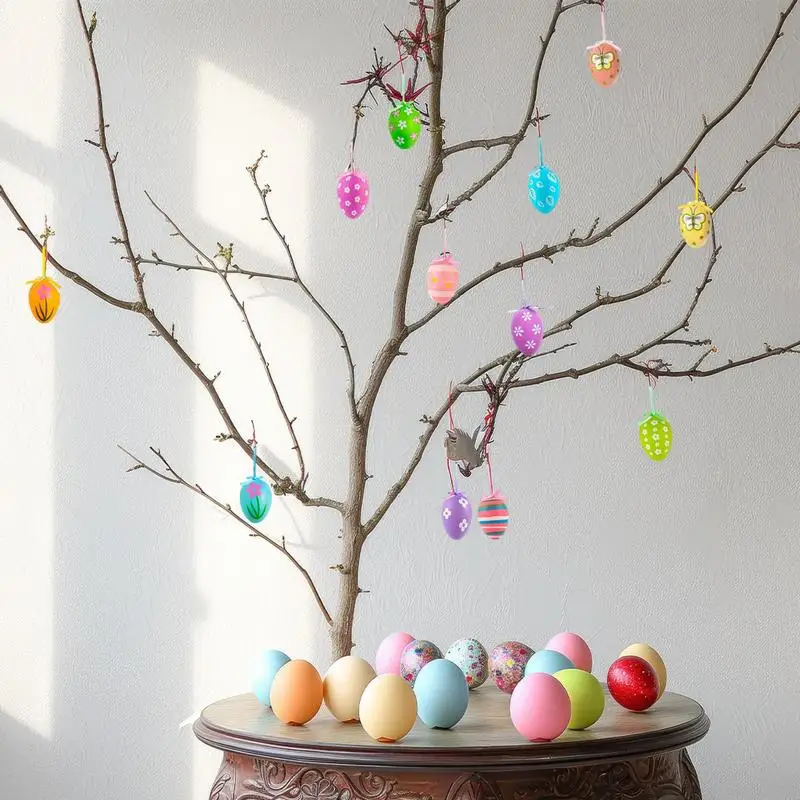 Tree Decorations Easter Egg Pendant 12X Hand Painted Artificial Eggs Easter Parties Decor Painted Eggs Ornaments Fake