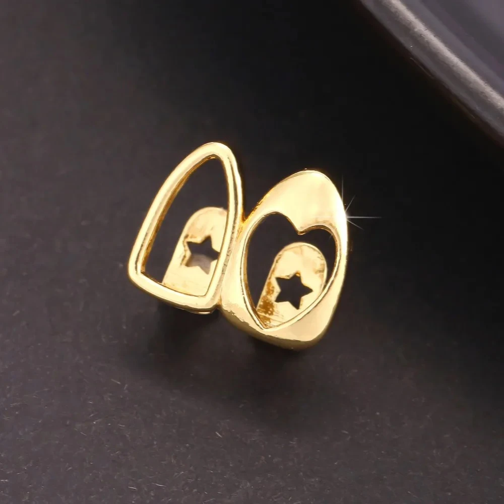 2pcs Set Hip-hop Gold Color Hollowed Hearts Zircon Inlay Stainless Steel Dental Grills for Women Men Teeth Jewelry Accessories