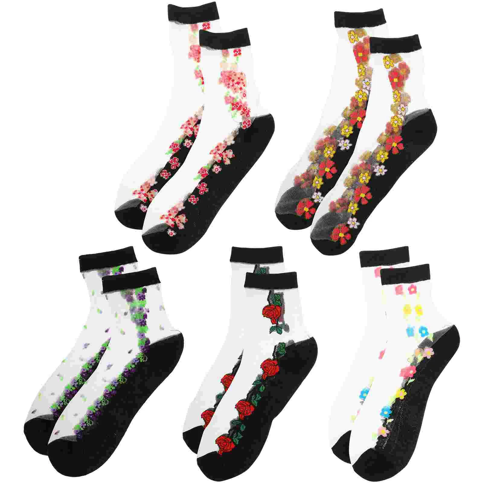 

5 Pairs Summer Female Thin Anti-Hook Silk Breathable Ankle Socks Short Embroidered Cotton Stockings (Black, Random Pattern)