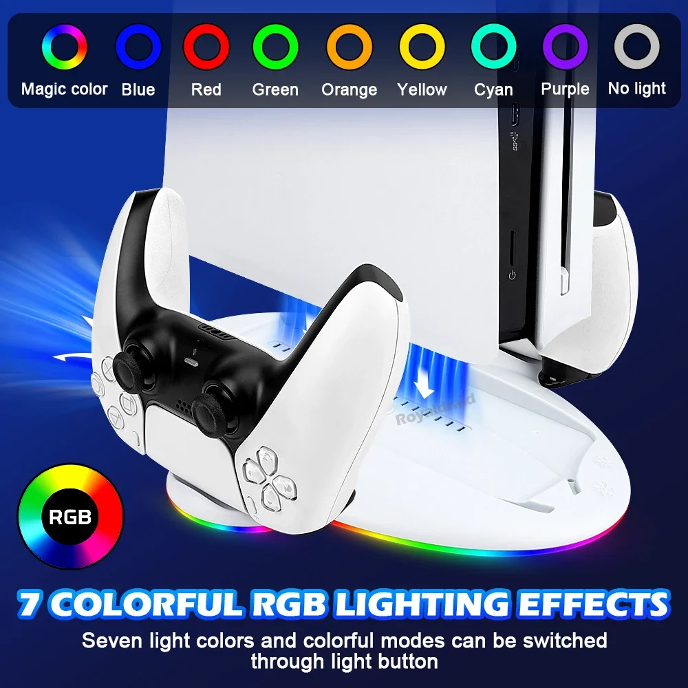 RGB LED 조명 및 PS5 슬림 컨트롤러가 포함된 PS5 슬림 스탠드 냉각 스테이션의 새로운 기능 Playstation 5 슬림 디스크용 빠른 충전기