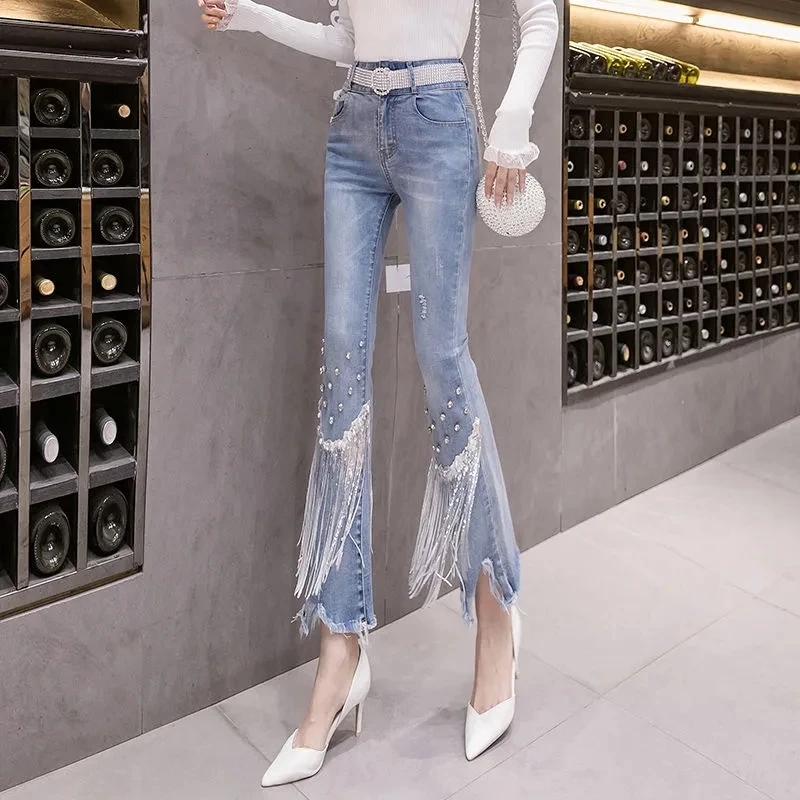 

Beading Tassel Micro-Flared Pants Slit Jeans Casual Korea Fashion Women's Spring High Waist 2023 New Denim Trousers Summer