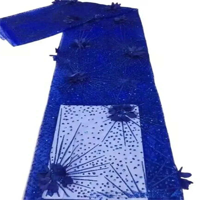 

Royal Blue Sequins African French Lace 3d flower Fabric 2023 High Quality Tulle Lace Material Bridal For Nigerian Wedding Dress