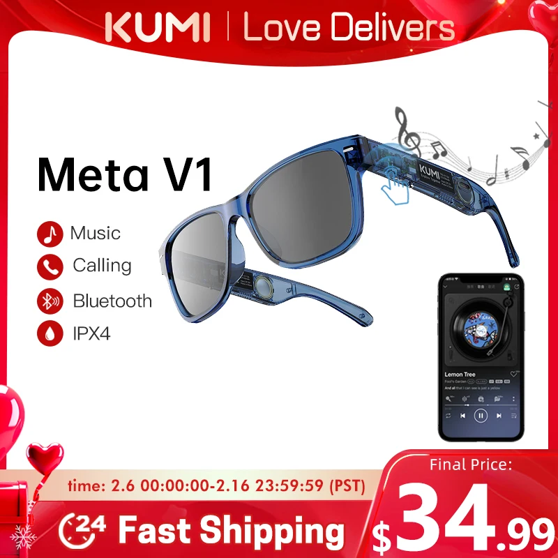 Kumi Meta V1 Smart Glasses Occhiali Da Sole Polarizzati Occhiali Bluetooth Ipx4 Cuffie Impermeabili Con Orecchio Aperto Chiamata Telefonica Bluetooth
