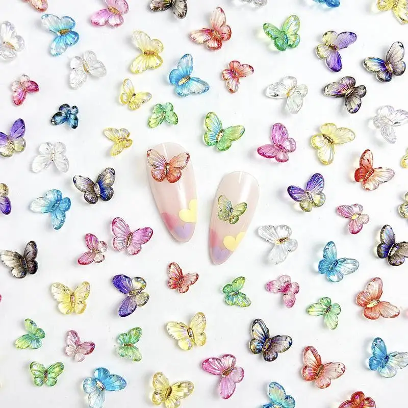 3D 그라데이션 컬러 나비 네일 아트 장식, 투명 오로라 시리즈, 송진 동물 네일 참 액세서리, DIY 매니큐어