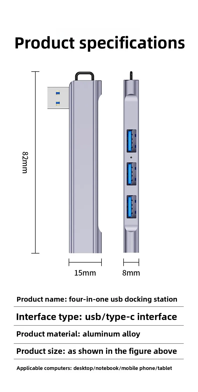 4-Port-USB-3.0-Splitter für Laptop, Typ-C-Hub, Expander aus Aluminiumlegierung, seitlich gebogener Kabelhub – Detail 9