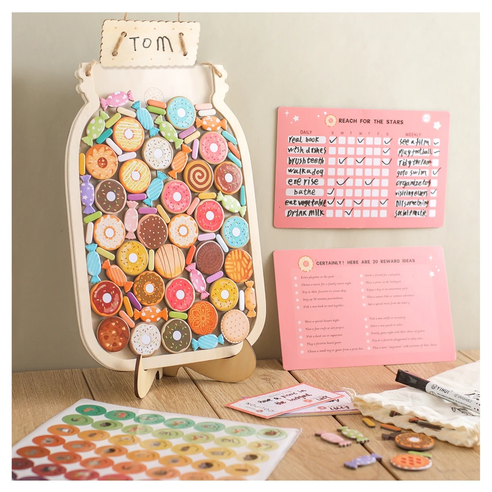 Baby Montessori Toys Kids Wooden Reward Jar Personalized Educational Toy Children Reward Record Bottle Star Doughnut Slices Gift