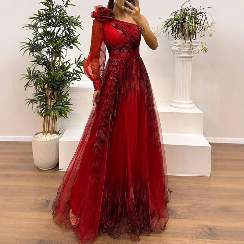 New One Shoulder Sleeve Pleats Bridesmaid Dress Vintage Pattern Printed  High Waist Long Dress Sexy Asymmetric Mesh Evening Dress - AliExpress  200000345