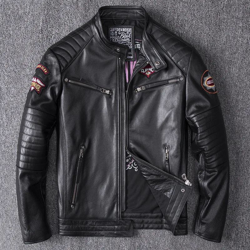 

Men's Leather Jacket with Stand-up Collar, Motorcycle Tops, Genuine Cowhide, Autumn and Winter