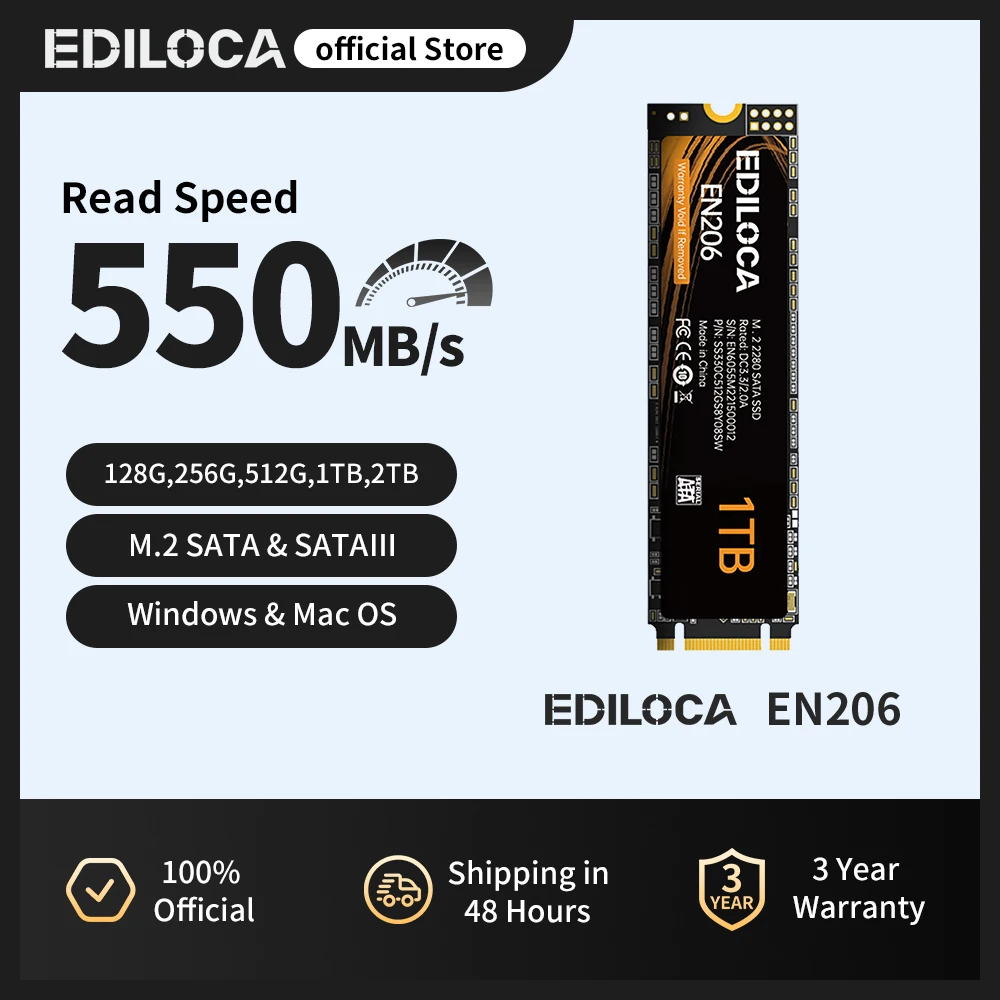 Ediloca EN206 M.2 SSD SATA III 256GB 512GB 1TB 2TB 3D NAND TLC 6Gb
