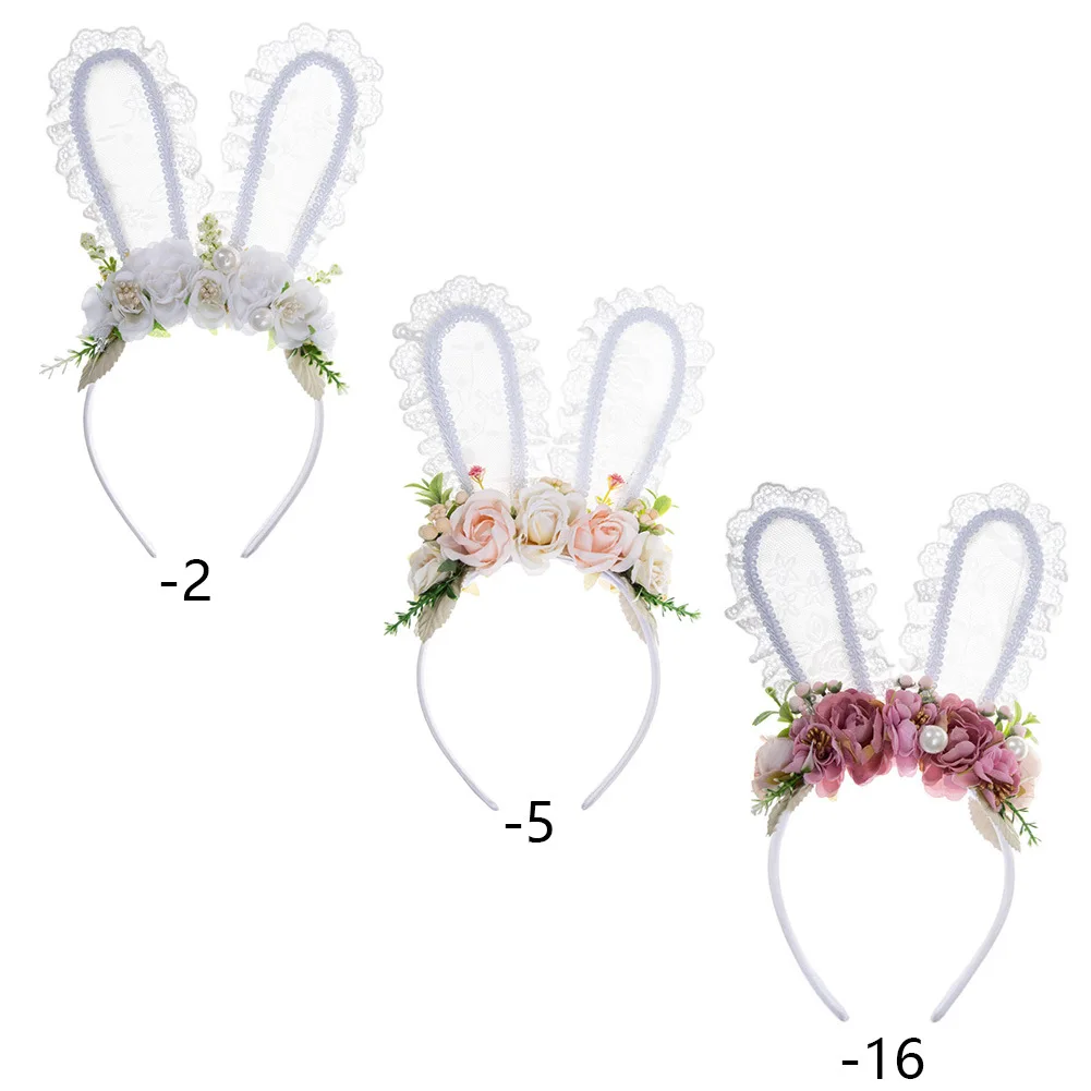 Easter Rabbit Ear Headbands for Girls Floral Pearl Lace Hair Hoop Soft DIY Princess Party Hairband Women Dance Hair Accessories
