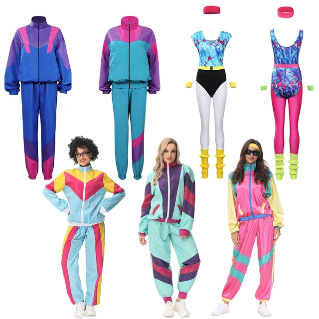 Women's 80s aerobics suit, costume top and romper, belt, suspenders,  cheerful colors