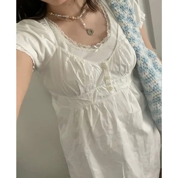Lamuusaa Coquette Top y2k Women Fairycore Clothes Solid Color/Plaid Print V Neck Short Sleeve Tshirt Sweet Aesthetic Clothing 1