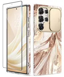 GVIEWIN Marble Shockproof Phone Case with Slide Camera Cover and Screen Protector for Pc + tpu (Topaz - Gold)