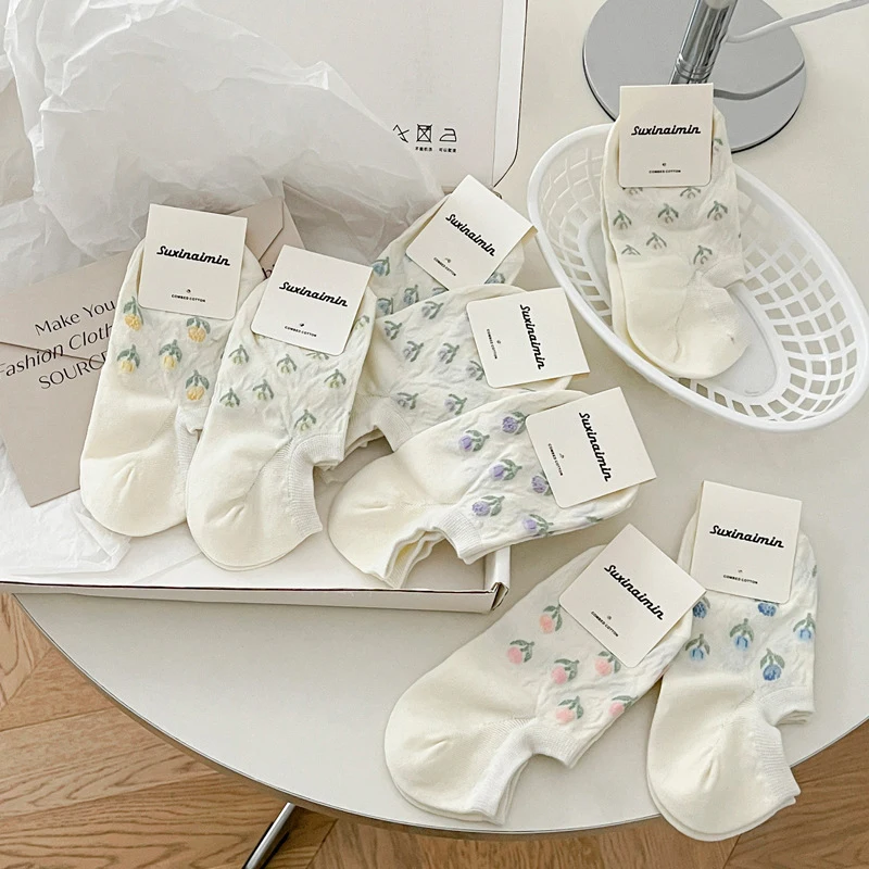 

100% Cotton Invisible Boat Socks Women Floral Print Low Tube Socks Spring Summer Thin Sock Japanese Leisure Socks