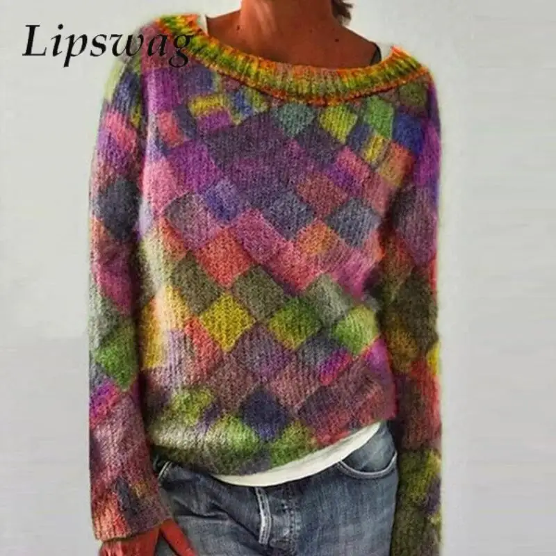 

Fashhion Colorful Plaid Print Tie-dye Loose Sweater Retro Round Neck Female Pullover Women Autumn Winter Long Sleeve Jumper Tops