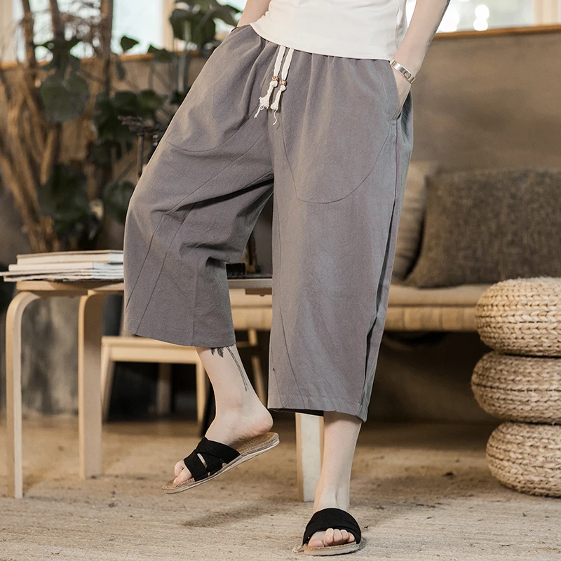 Men Wide Leg Pants Japanese Style Loose Cotton Harem Pants