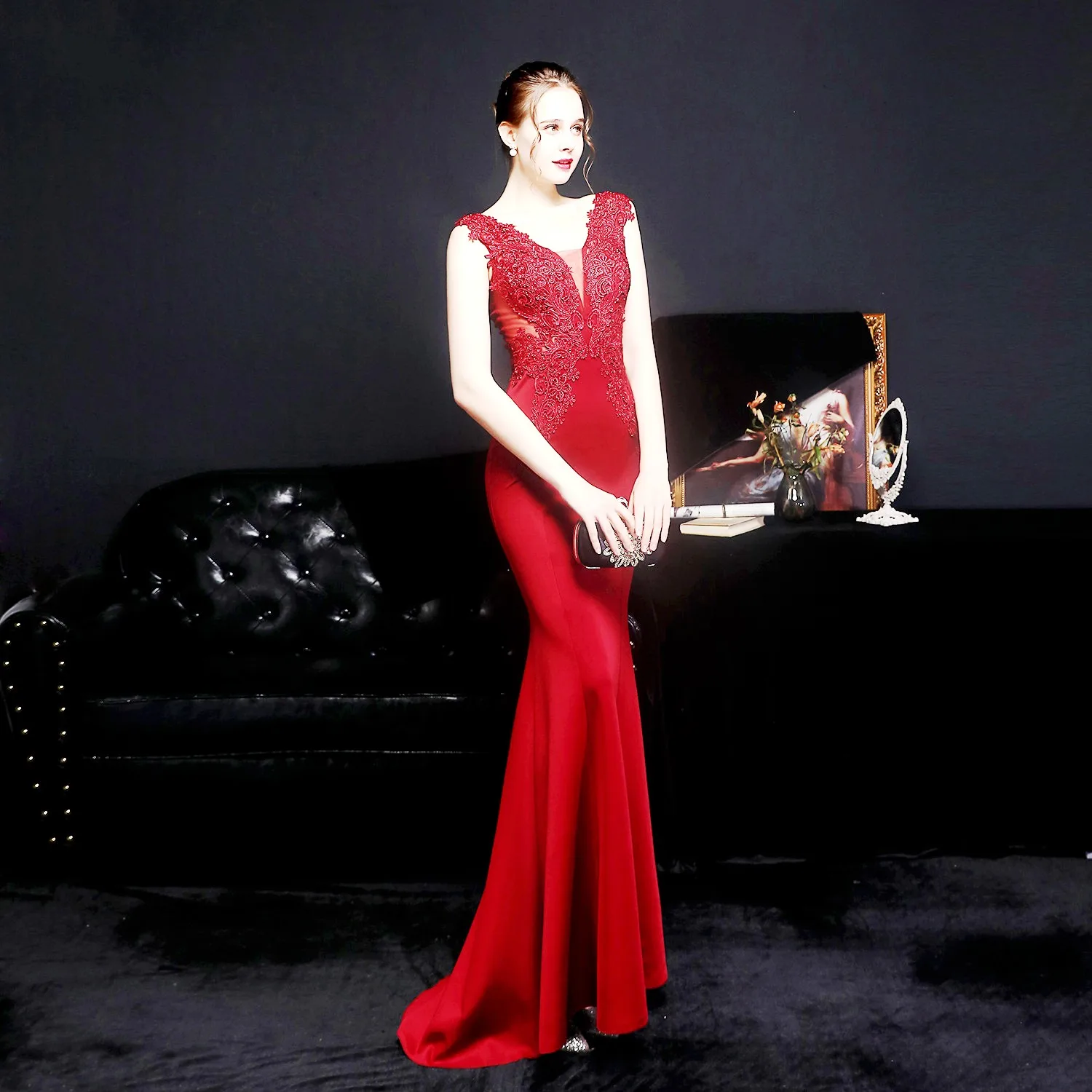 

Red V-Neck Sleeveless Lace Flower Long Elegant Evening Dress Women Party Gowns Vestidos Zip Back Transparent YSAN1810