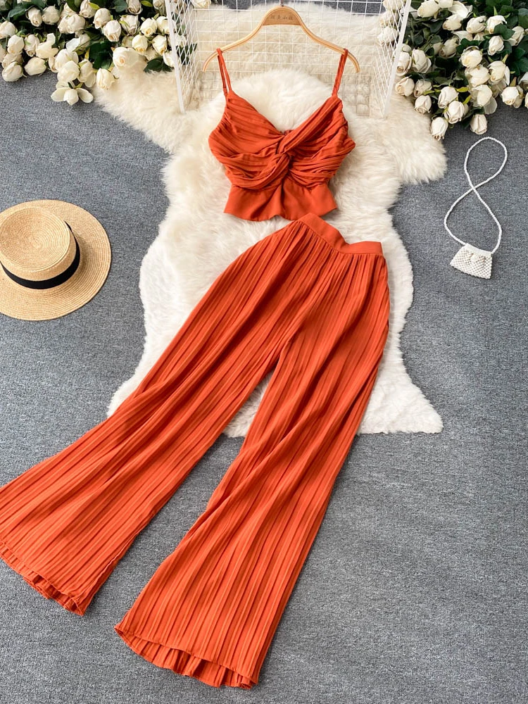 Summer Women Solid Sexy Holiday Pants Suit Female Spaghetti Strap Tops & High Waist Long Pants Two Piece Set