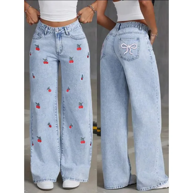 Denim Wide Leg Pants Women Jeans Embroidery High Waist Distressed Washed Pockets Vintage Floor Length Trousers 2025 Streetwear 1