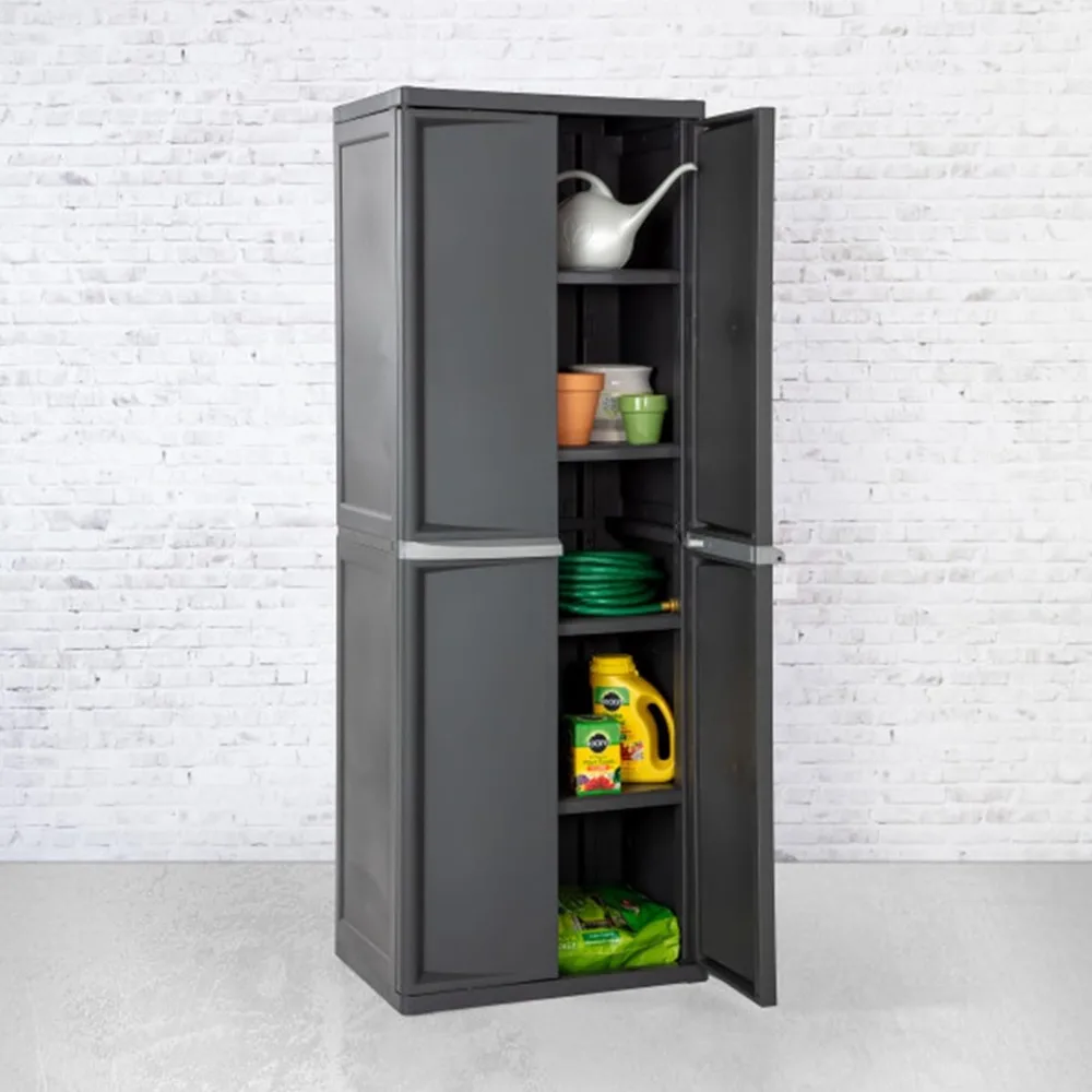 4 shelf cabinet, lockable utility storage w/ adjustable shelves, gray - plastic shelving unit for organizing garage, pantry, ba