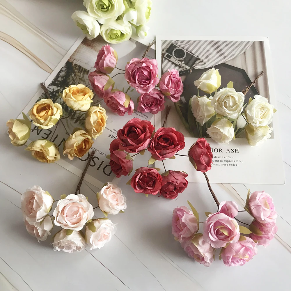 Description Picture 5 of itemEuropean-style retro rayon tea roses 6 small flower buds bouquet wedding home retro fake flower party DIY decoration