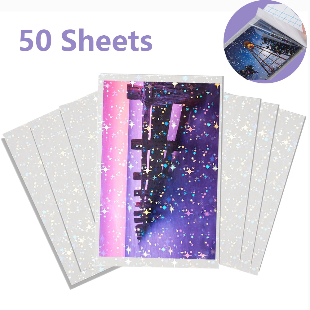 50 feuilles Film de stratification à froid verre cassé hologramme carte Photo Film de stratification autocollant A4 étoile point brillant Photo Film holographique