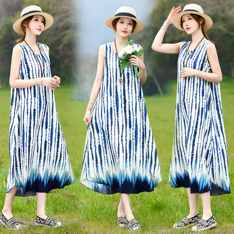 

New 2024 Women Summer Middle-aged Print Dress Female O-neck Sleeveless Dresses Ladies Long Floral Cotton Vest Vestidos N153