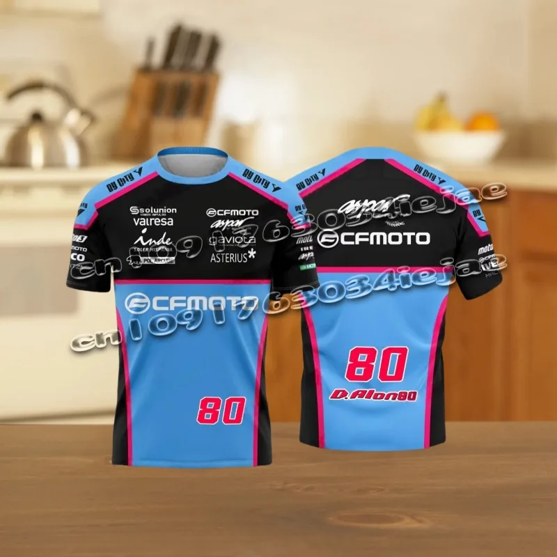 2025 신 남성 캐주얼 스포츠 레이싱 Cfmoto Aspar 팀 80 드라이버 David Fan 블루 여름 키즈 반팔 3D 프린트 티셔츠 탑