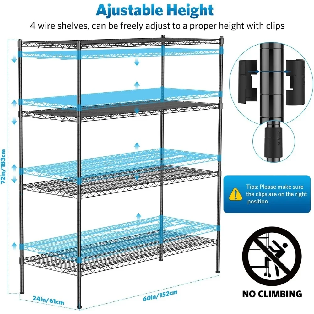 Wire Shelving, 2000 Lbs Heavy Duty 60x24x72 Inch Shelving Metal Shelves with 4" Wheels, 4-Tier NSF Steel Wire Storage Shelf 4