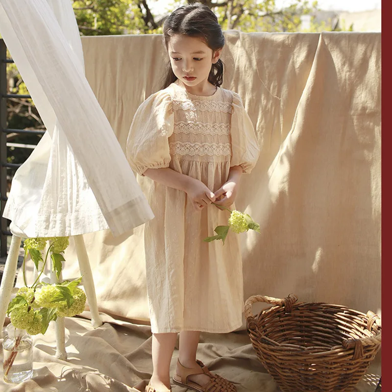 

2023 New Children Girls Dress Korean Style Cotton Lace Kids Princess Dress Bubble Sleeve Beach Dresses