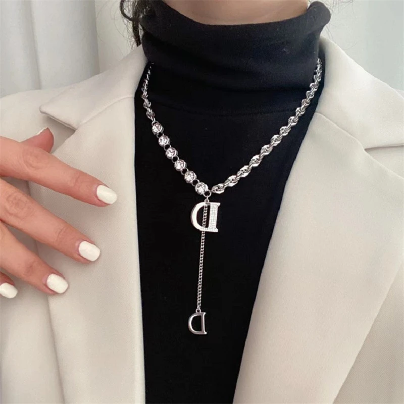 Punk Titanium Steel Necklace For Women Geometric Pendent Necklace Zircon Choker With Letter